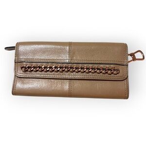 B. Makowsky leather wallet, taupe with rose gold chain accent 8”x4”